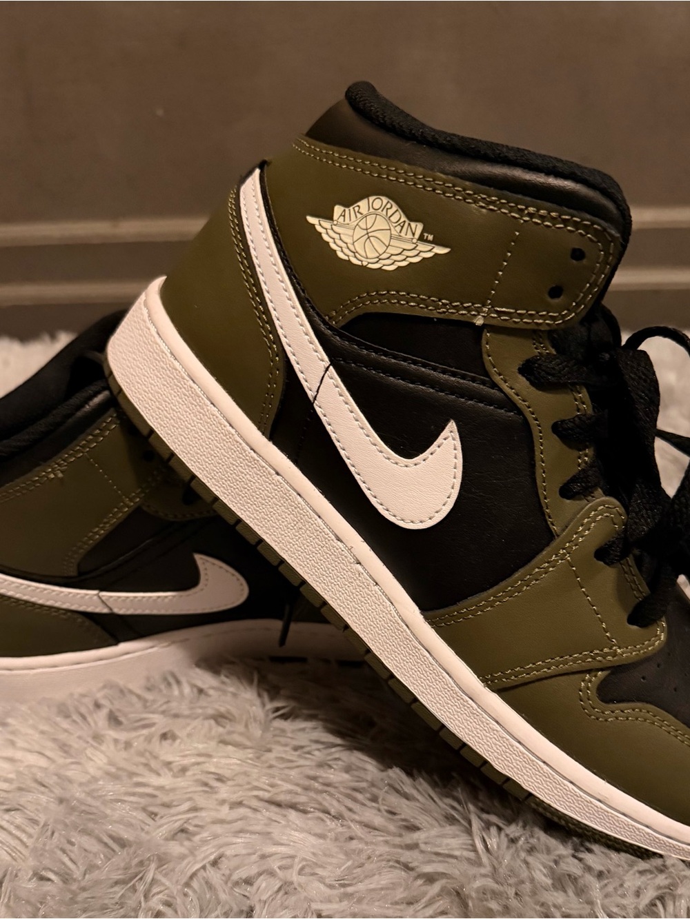 Jordan 1 Mid Olive Green, Black & White Sneakers